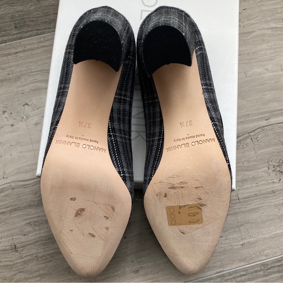 Authentic Manolo Blahnik Campy 90 Grey Plaid Mary Jane sz 37.5 never worn - Picture 4 of 8